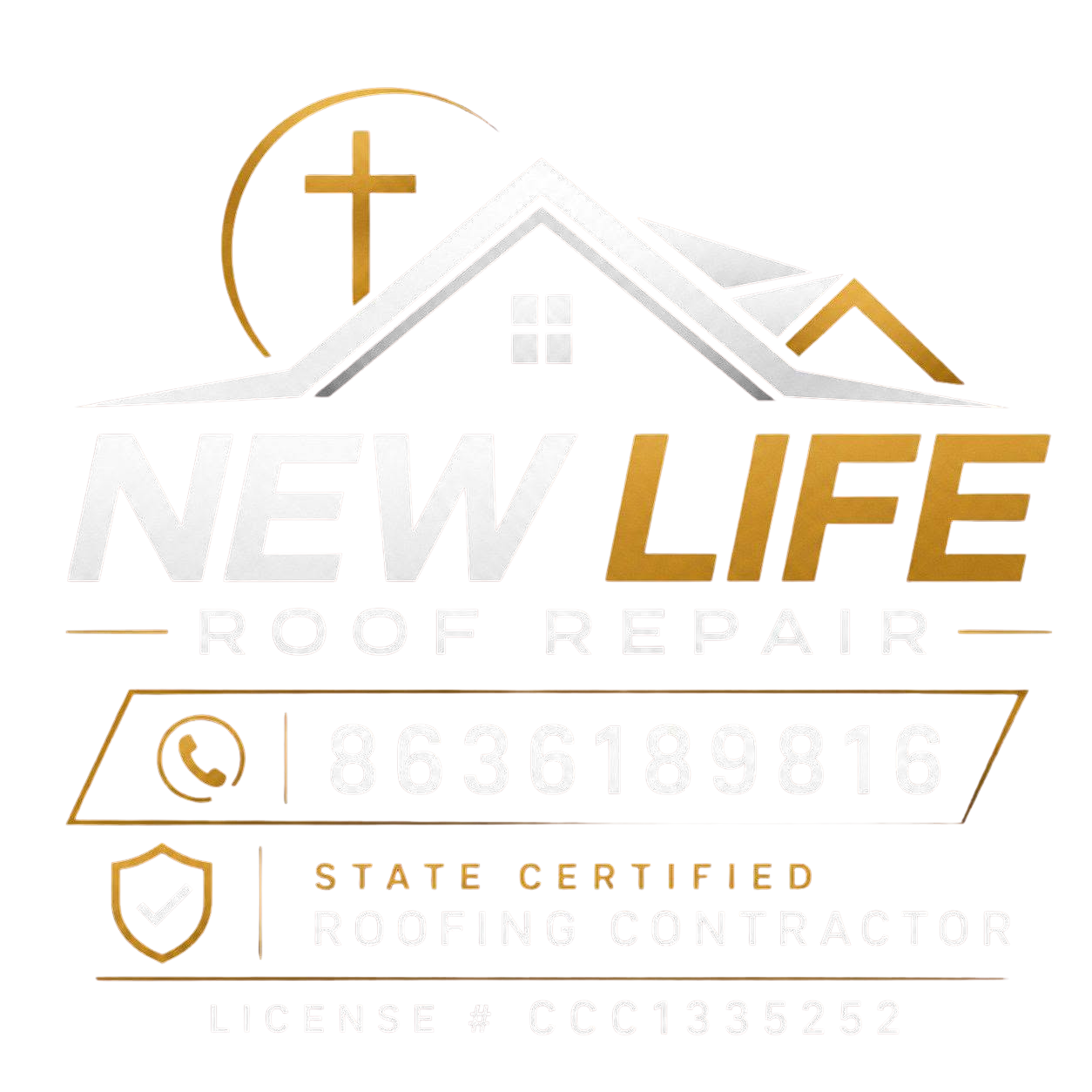New Life Roof Repair logo with gold cross, roof lines, and contact information on white background