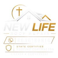 New Life Roof Repair logo with gold cross, roof lines, and contact information on white background