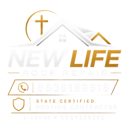 New Life Roof Repair logo with gold cross, roof lines, and contact information on white background