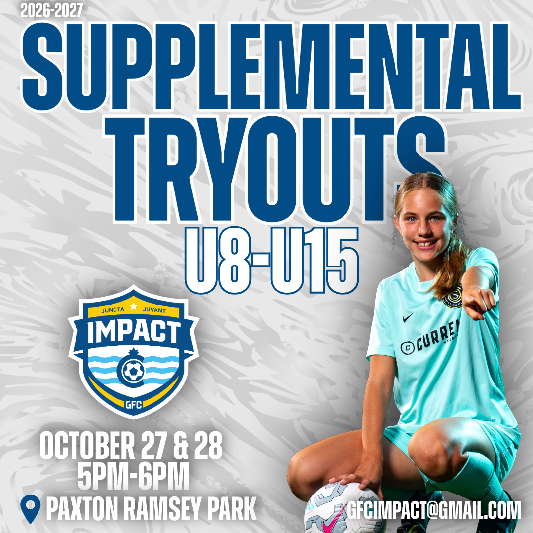 2026-2027 Impact supplemental tryouts poster, June 1 at 6:30 PM, Miami Riverview Park, blue background.