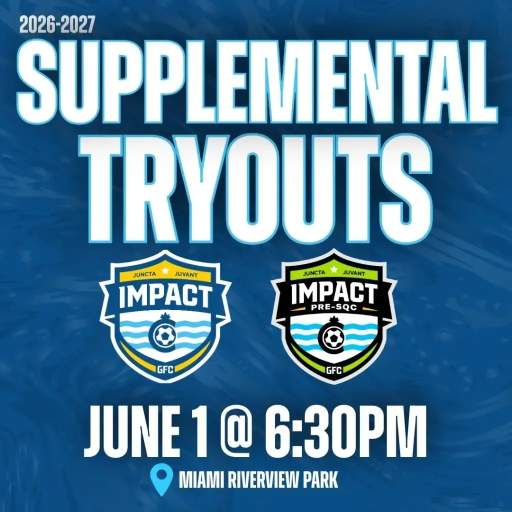 2026-2027 Impact supplemental tryouts poster, June 1 at 6:30 PM, Miami Riverview Park, blue background.