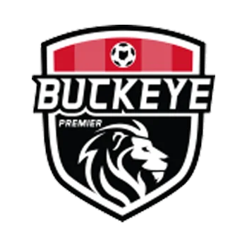 Buckeye Premier soccer club logo with black, red, and white shield and lion emblem