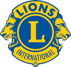 Lions International logo: blue and gold emblem with two lion profiles facing outward and a large