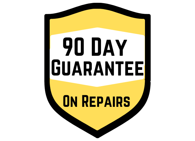 A yellow shield with the words 90 day guarantee on repairs on it