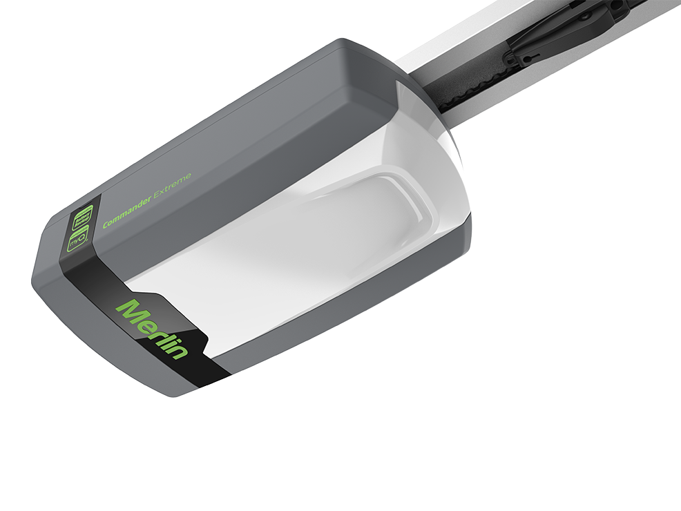 A close up of a merlin garage door opener on a white background.