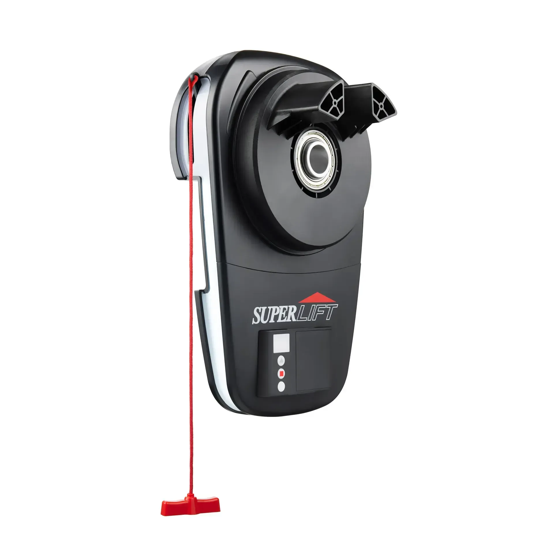 A roller door garage door opener with a red cord attached to it.