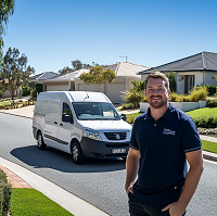 A garage door technician standing in front of a white van in a residential area.