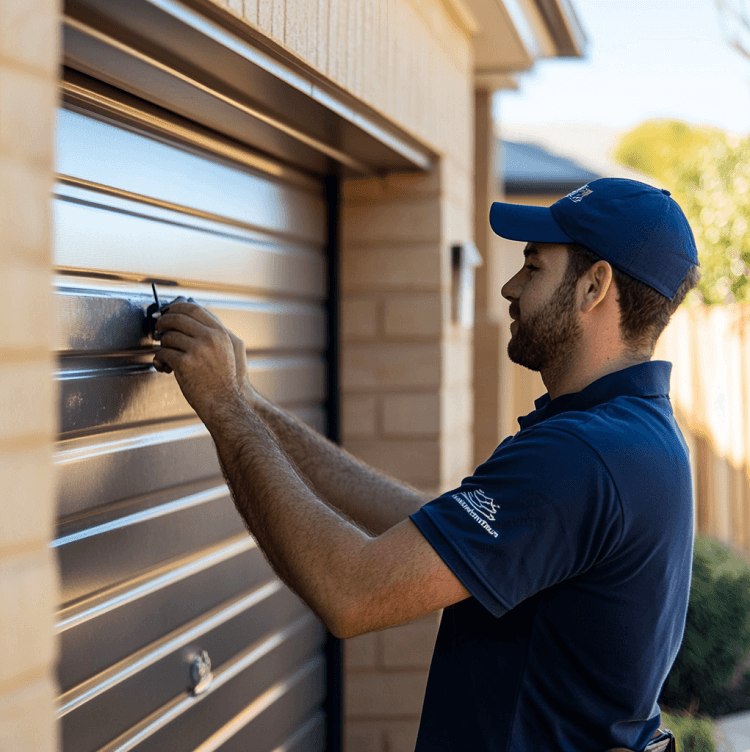 A tradesman in a blue hat is servicing a garage door.
