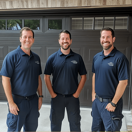 Three men are posing for a picture in front of a garage door.