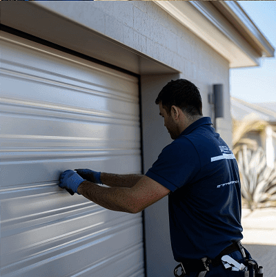A man in a blue shirt is fixing a garage door.