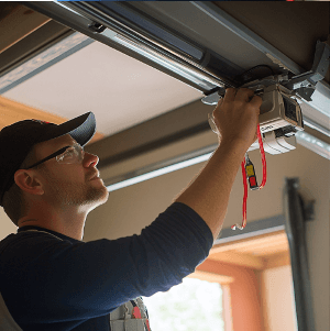 A man wearing a hat and glasses is working on a garage door
