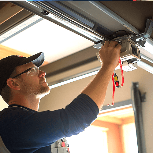 A man wearing a hat and glasses fixing a garage door motor 
