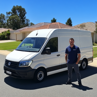 A man is standing in front of a white van.