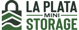 Logo for La Plata Mini Storage with mountains and blue sky background