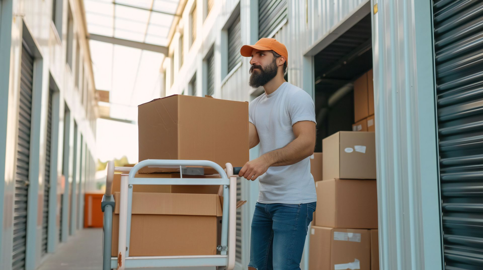 A man pushes a hand truck with boxes into a secure self-storage unit facility. A man pushes a hand truck with boxes into a secure self-storage unit facility.