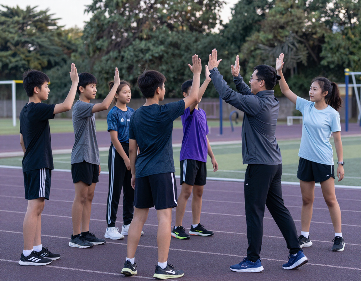 Small group celebrating with a coach after a workout
