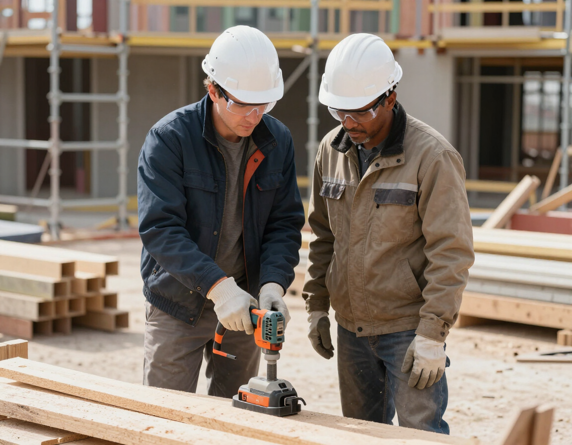 Employer mentoring a worker on a job site