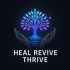 Glowing blue-purple tree between cupped hands above the words “HEAL REVIVE THRIVE”