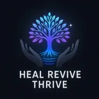 Glowing blue-purple tree between cupped hands above the words “HEAL REVIVE THRIVE”