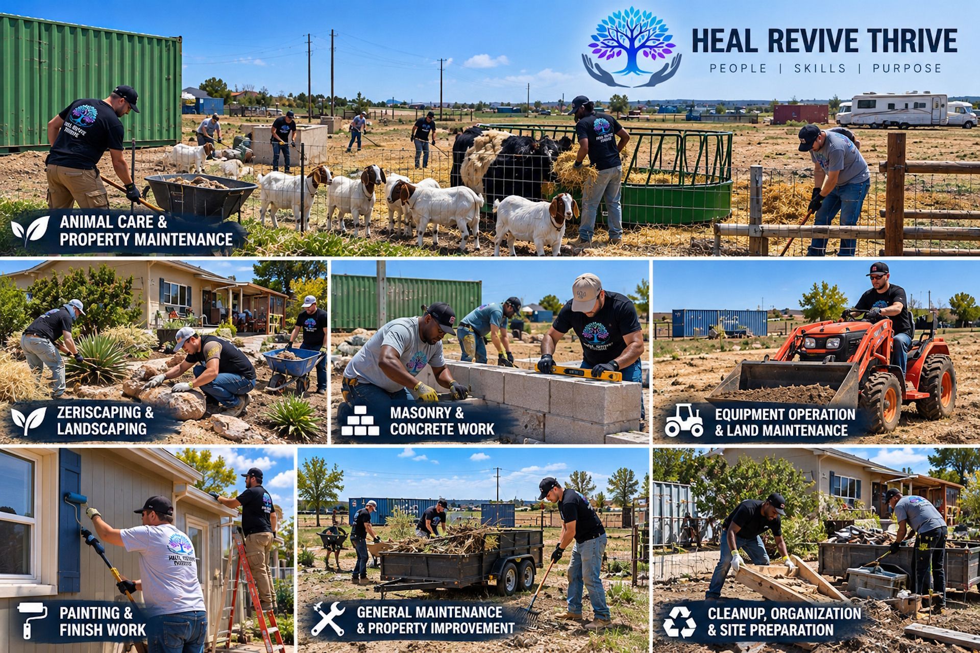 Community volunteers sorting donated supplies outdoors under a “Heal Revive Thrive” banner