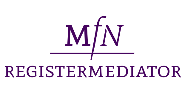 Een paars logo voor mfn registermediator op een witte achtergrond