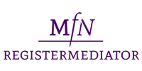 Een paars logo voor mfn registermediator op een witte achtergrond