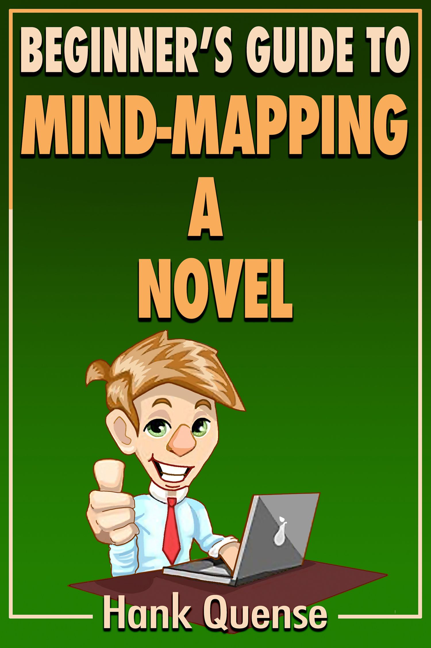 Book cover reading “Beginner’s Guide to Mind-Mapping a Novel” with a cartoon writer at a laptop on a green background