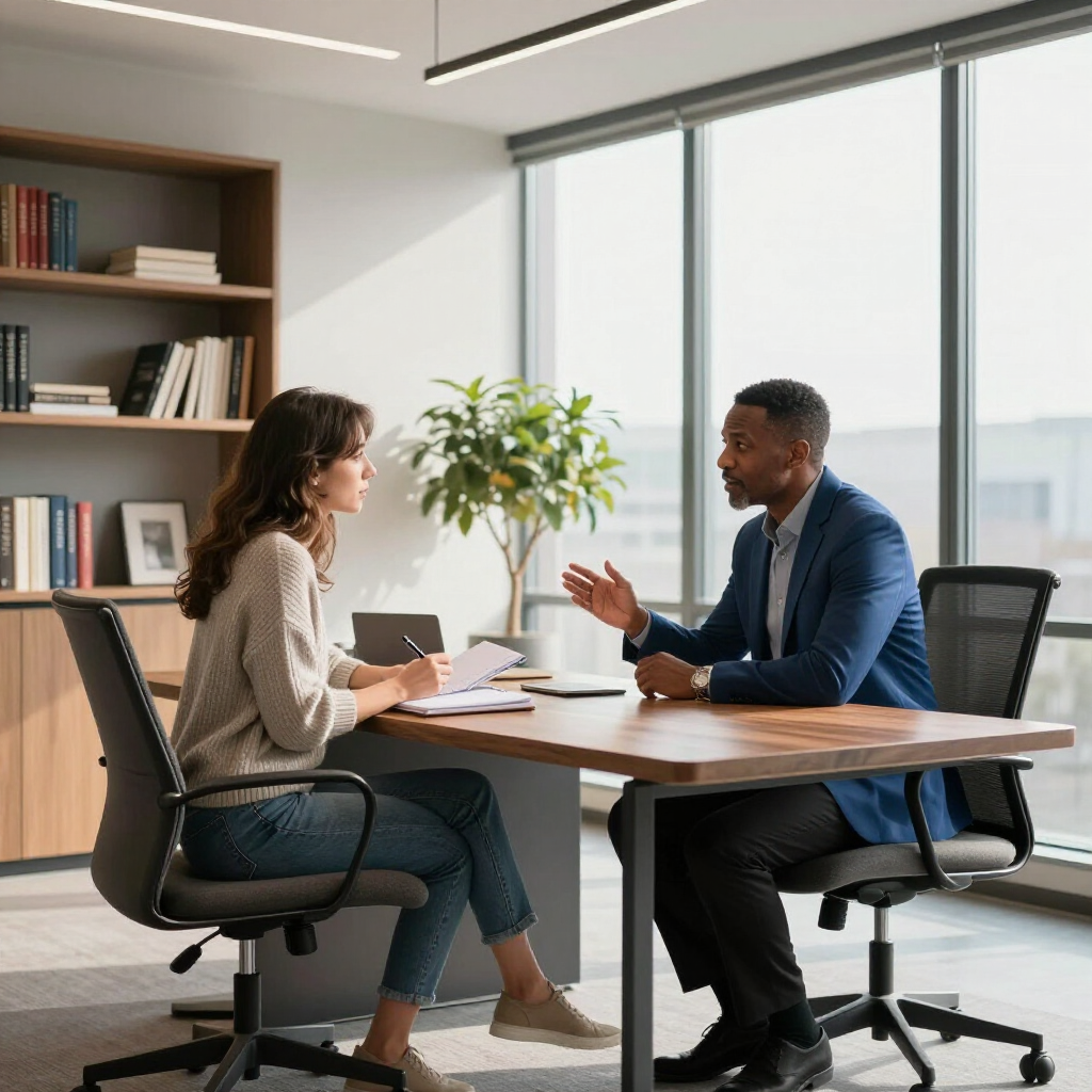 Two professionals sit across from each other at a desk in a bright office, engaged in a professional conversation.