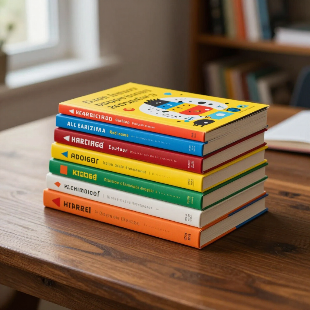 A stack of six colorful, illustrated books sitting on a wooden desk near a window and a bookshelf.