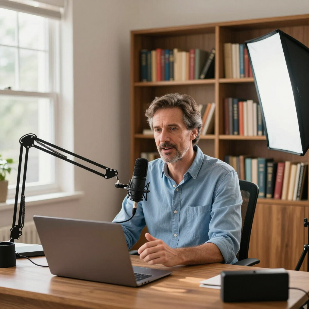 A person in a blue shirt sits at a desk, speaking into a microphone with a laptop and studio lighting in a library setting.