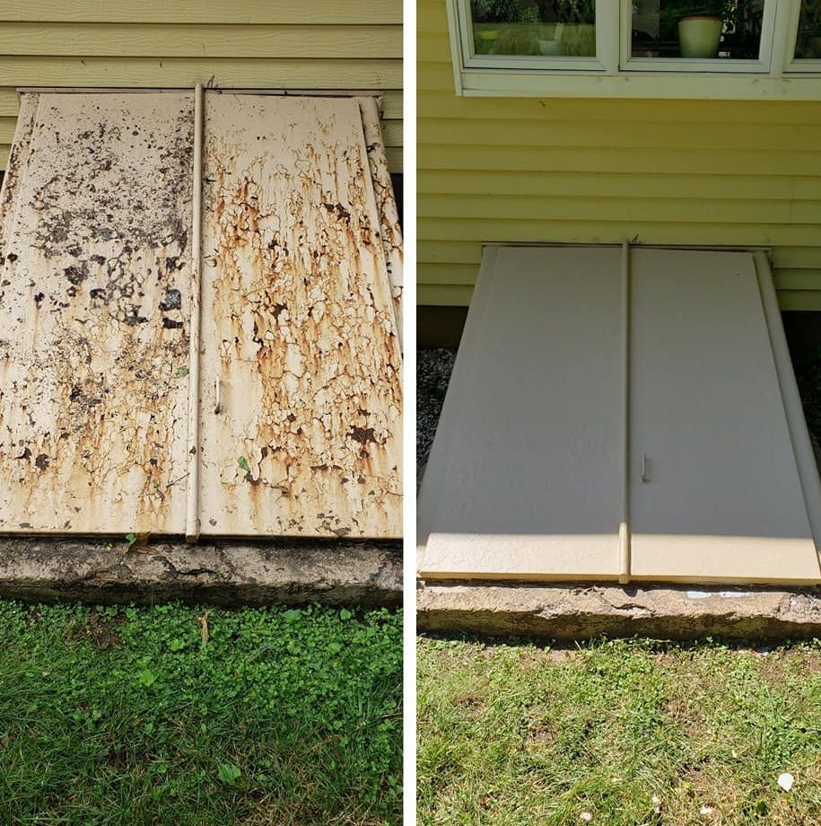 A before and after picture of a door with rust on it