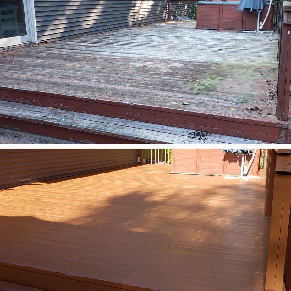 A before and after picture of a wooden deck.