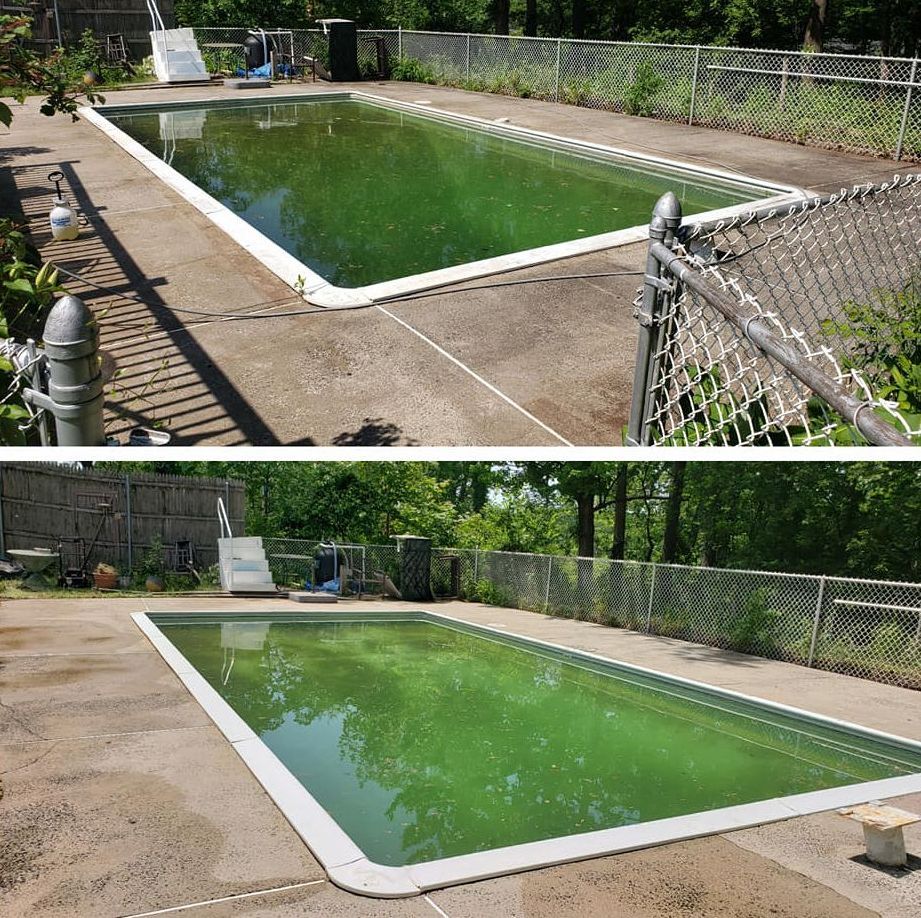 A before and after picture of a swimming pool