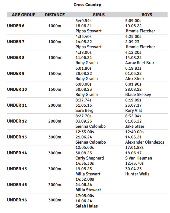 Cross country race results: Age groups, distances, and times for girls and boys.