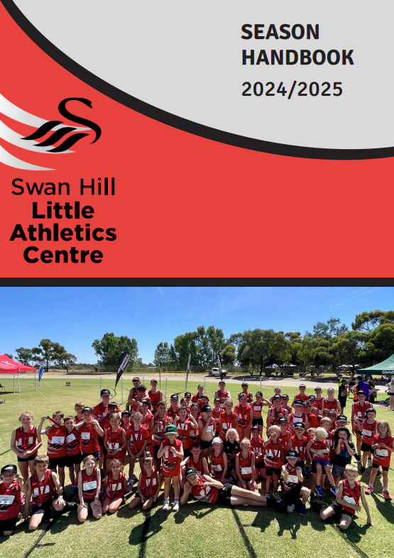 Handbook cover: Swan Hill Little Athletics Centre, group photo in red uniforms, text, and logo.