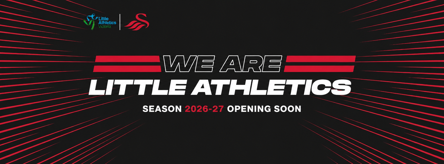 Banner for Little Athletics season 2025-26. Athlete in red uniform throwing a shot put, open registration now.