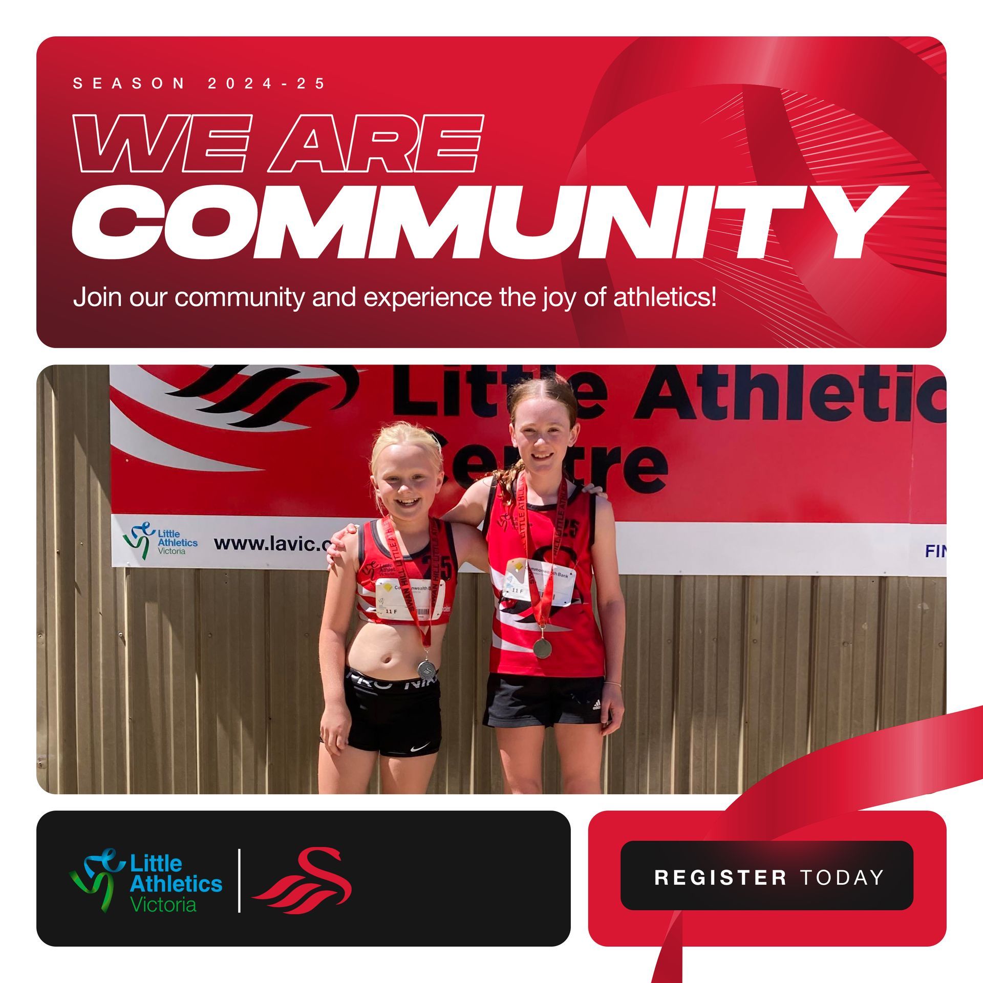 Two girls wearing medals pose for a photo; red text and logo for Little Athletics community.