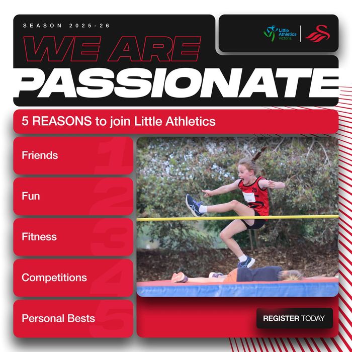 Poster for Little Athletics with a girl high jumping. Text lists reasons: friends, fun, fitness, competitions, personal bests.