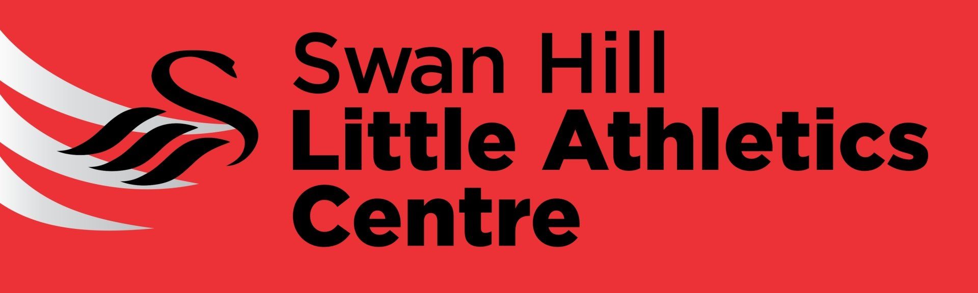 Logo for Swan Hill Little Athletics Centre: black text on red background, with a swan symbol.