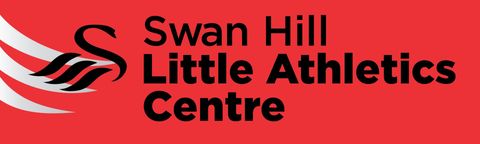 Logo for Swan Hill Little Athletics Centre: black text on red background, with a swan symbol.