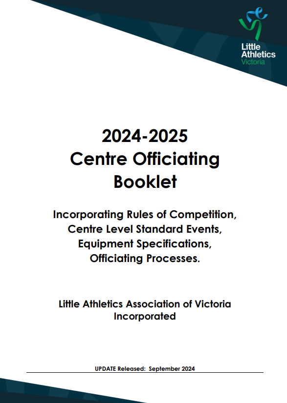 Cover of the 2024-2025 Centre Officiating Booklet for Little Athletics Victoria.