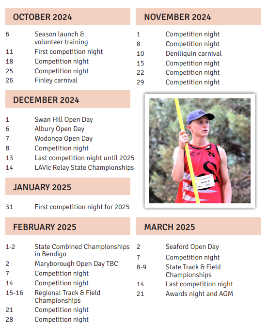 Calendar showing track and field events from October 2024 to March 2025, plus a photo of a young person with a pole.