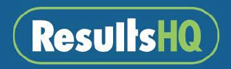 ResultsHQ logo: White text within a blue oval with a green outline on a dark blue background.