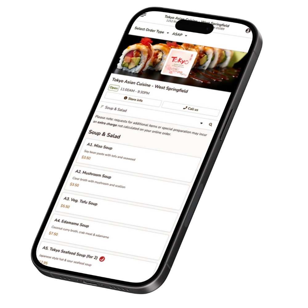 Smartphone displaying a sushi restaurant menu: