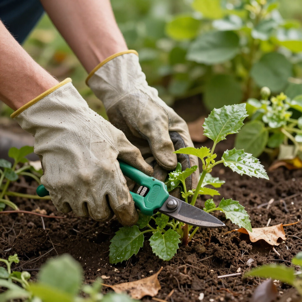 Gloved hands using green pruning shears to trim a leafy plant in garden soil