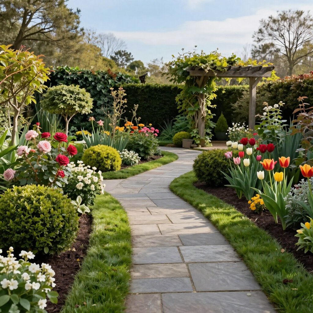 Stone garden path winding through a colorful flower garden with tulips, roses, and a pergola in bloom