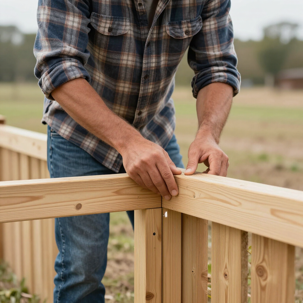 Person in plaid shirt aligning wooden fence boards outdoors