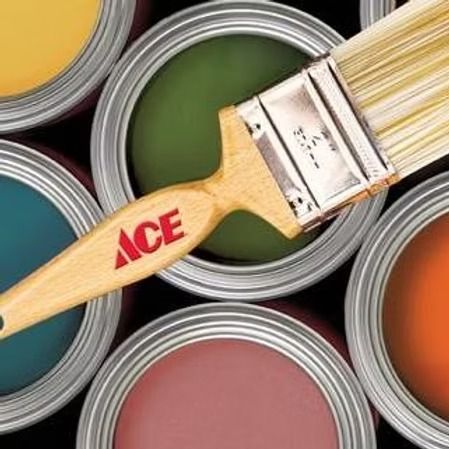 Paintbrush on cans of colorful paint, with an ACE logo on the handle.