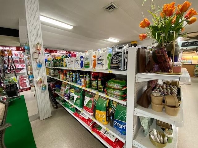 Store aisle with shelves of snacks, cleaning supplies, and potted flowers in a small convenience shop.