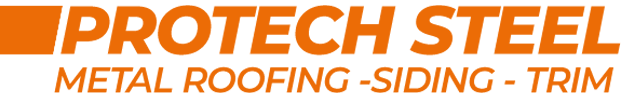 ProTech Steel logo with orange text and a metal roofing, siding, trim tagline